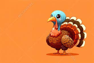 Funny cartoon turkey on an orange background. Thanksgiving concept.