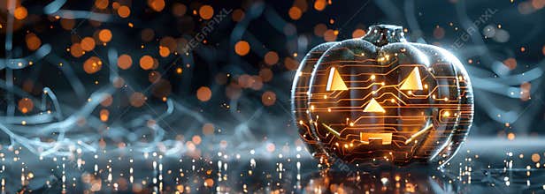 A futuristic jack-o'-lantern with circuit-like patterns, glowing brightly against a sparkling bokeh background