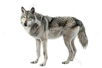 Grey wolf isolated on white background. Studio wildlife photography. AIG57.