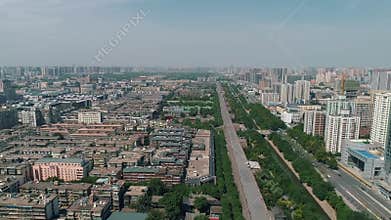 Aerial drone view of ancient city wall in Xian. Xian in China panorama from drone. Fortifications of Xian City Wall. Xian old town