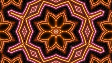 Looped kaleidoscope background with intricate floral pattern made of glowing neon lines