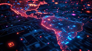 Glowing digital map of the Americas with futuristic data connections AI Generative