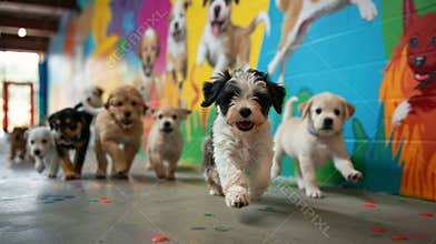 Adorable puppies running and playing in dog daycare center