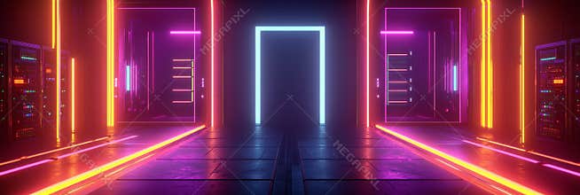The futuristic server room is illuminated with neon lights, displaying advanced technology.
