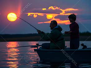 Father Day Concept Silhouette Of Father And Son Fishing In A Lake At Sunset - A Quiet Moment Of Nature Togetherness