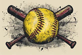 A Hand-Drawn Softball With Crossed Bats and Grunge Background