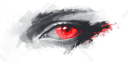 Futuristic artistic eye illustration with red digital elements