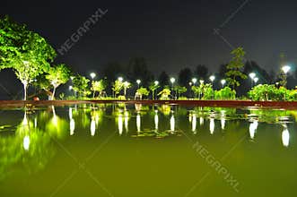 A pond surrounded by trees at night