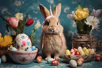 Easter bunny and colorful eggs are ready to celebrate Easter. Happy Easter