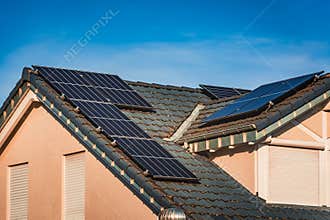 Photovoltaic panels on the roof of family house, solar panels