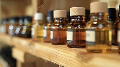 A wooden shelf holds rows of small glass jars containing essential oils extracted from various plants and used for
