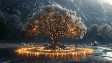 The Tree of Life stands tall its branches reaching towards the heavens as a celestial mandala of sacred geometry