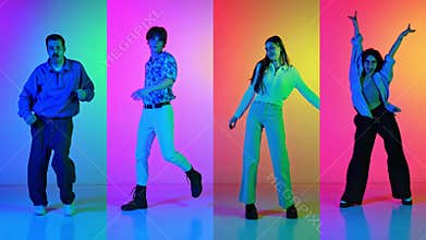 Energetic young people, men and women in casual clothes in motion, dancing against multicolored background in neon light
