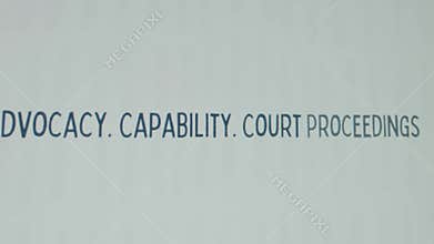Advocacy. Capability. Court Proceedings inscription on white paper sheet background. Graphic presentation. Legal concept