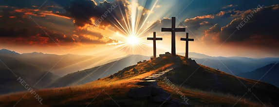 Crucifixion of Jesus on Golgotha. Sunburst peeks behind three crosses on a mountain summit. Dramatic clouds part at the