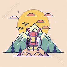 A minimalist illustration featuring a stylized backpack in front of a mountain range silhouette with a large sun and