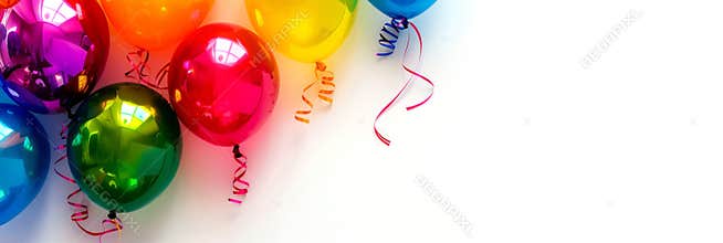 Close-up photo of colorful balloons and ribbons against a white background