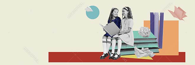 Two school-aged girls, dressed in traditional school uniforms, engage in reading together. Contemporary art collage.