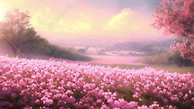 Amidst the rolling hills a sea of pastel pink blooms paints the landscape courtesy of the everlasting springtime