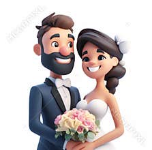 Cartoon 3d Wedding ceremony and celebration. Bride and groom smiling. Isolated bright illustration on white background