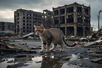 A cat in a street of a destroyed city