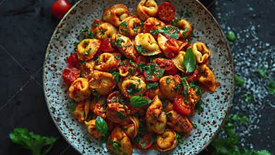Close-up of Delicious Tortellini Pasta with Tomatoes and Herbs