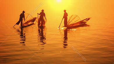Myanmar, Inle Lake. Fishermen on vintage boats moved with legs