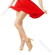 Legs woman dancing in red dress over white