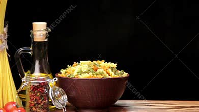 Italian pasta, Italian pasta ingredients, flour, pasta assortment of olive oil in a bottle, still life, spices spaghetti, studio