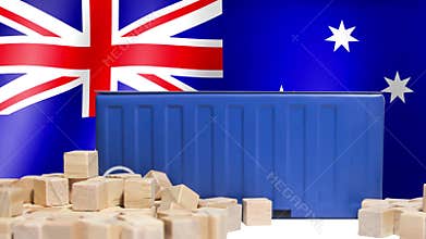 A blue shipping container and wooden blocks placed in front of the national flag of Australia for international