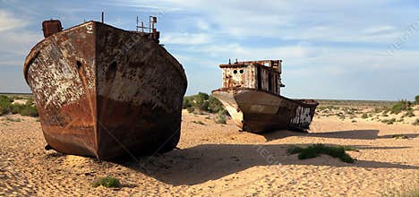 Boats in desert around Moynaq, Muynak or Moynoq - Aral sea or Aral lake - Uzbekistan