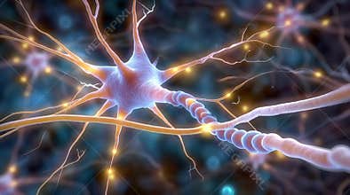 Tracking shot of neuron firing and transmitting electrical impulses along axon through brain tissue in microscopic neural network