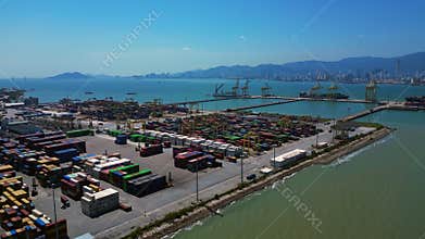 Penang Port North Butterworth Container Terminal. Smooth aerial view drone