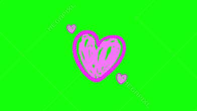 Hand-drawn pink heart sketches in different sizes on a bright green screen.
