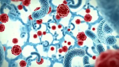 Microscopic World Animation with Blue Bacteria and Red Viruses on Bright Background Showing Disease Propagation Microorganism