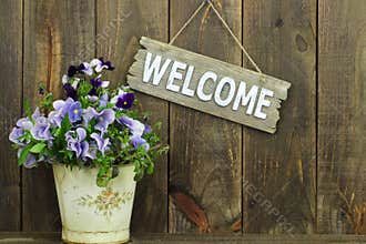 Welcome sign hanging by pot of purple flowers (pan