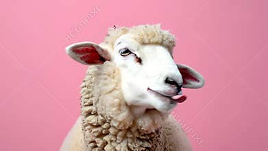 Funny sheep posing against a pink background with tongue sticking out