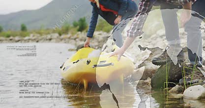 Woman crouching and man grasping kayak, launching into lake for adventure with map and code overlay