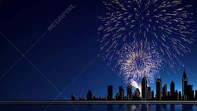 Golden fireworks bursting over a dark city skyline, reflecting beautifully on water during dusk or dawn, surrounded by soft clouds