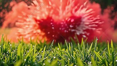 The morning dew sparkles as explode red powder background colors scatter, framed by the fresh green Generative AI
