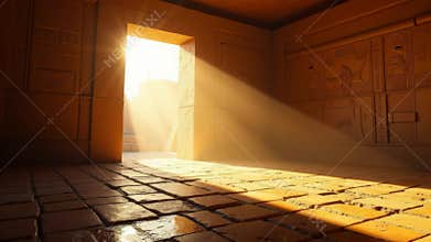 Ancient Egyptian tomb interior with bright sunlight streaming through doorway. Stone chamber with hieroglyphics on walls and