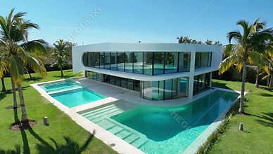 Modern luxury villa with swimming pools and palm trees under a clear blue sky on a sunny day