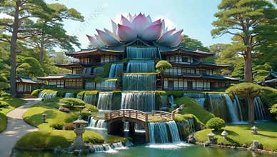 Serene japanese temple with lotus flower roof and cascading waterfalls in a lush garden view