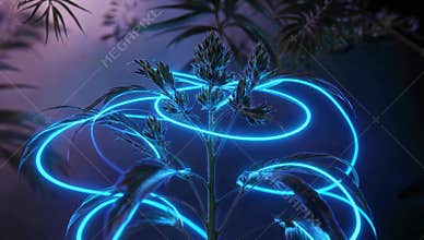 Glowing neon plant with blue light trails creates a futuristic botanical illustration