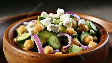 Colorful Mediterranean-style salad bowl featuring cucumber, corn, chickpeas, and feta