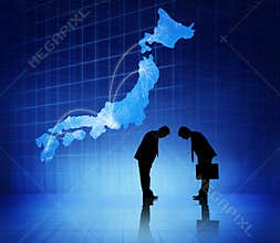Two Businessmen Bowing Heads To Each Other And A Japan Cartograph Above Them