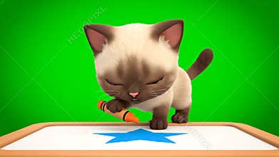 Adorable Kitten Drawing a Blue Star with Orange Crayon on White Board Isolated by Green Screen Background in 3D Rendered Animation