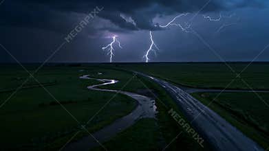 Dramatic Thunderstorm Over a Lonely Winding Road Through Expansive Farmland