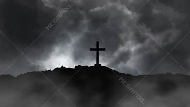 Spiritual Scene of Jesus Cross Silhouette on the Hill