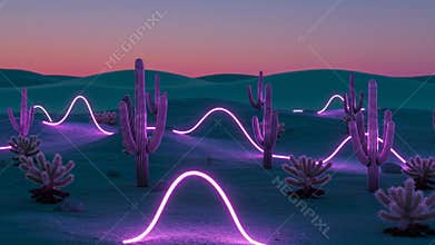 Neon Desert Dreamscape: Purple Cacti and Glowing Waves at Sunset